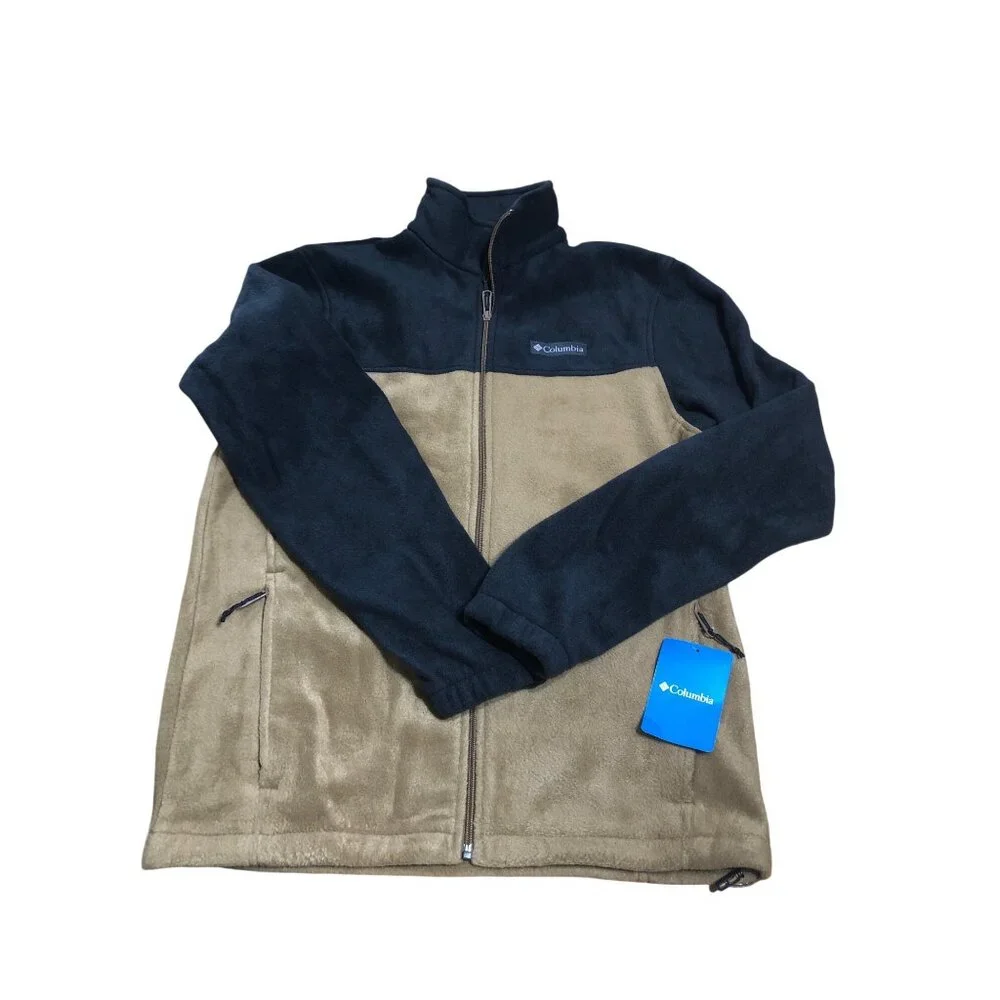 New Columbia Fleece Jacket Mens Small Steens Mountain Full-Zip Black Tan Pockets